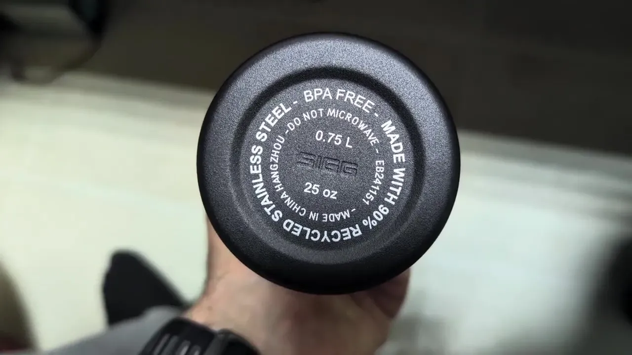 Base of a SIGG Shield ONE stamped 0.75 L, BPA free, and 90 percent recycled stainless steel