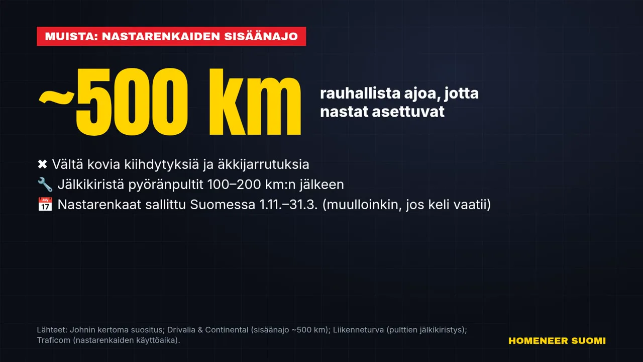 Finnish reminder card: about 500 km of gentle driving so the studs seat, avoid hard acceleration and hard braking, retighten wheel bolts after 100 to 200 km, studded tyres allowed in Finland from 1 November to 31 March and at other times if conditions require